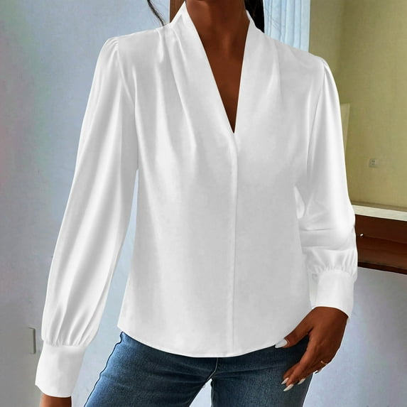 DAFPZW Womens Blouses Dressy Casual Long Sleeve V-Neck Fashion Shirts Fall Loose Work Pullover Soft Comfort Business Tops
