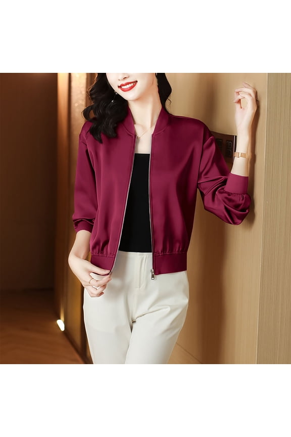 Womens Bomber Jacket Satin Silk Coat Casual Stand Collar Zip Up Lightweight Fall Fashion Jackets with Pockets