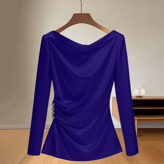 DAFPZW Womens Business Casual Blouses Dressy Work Tops Fall Fashion Boat Neck Pleated Long Sleeve Shirts Business Clothes