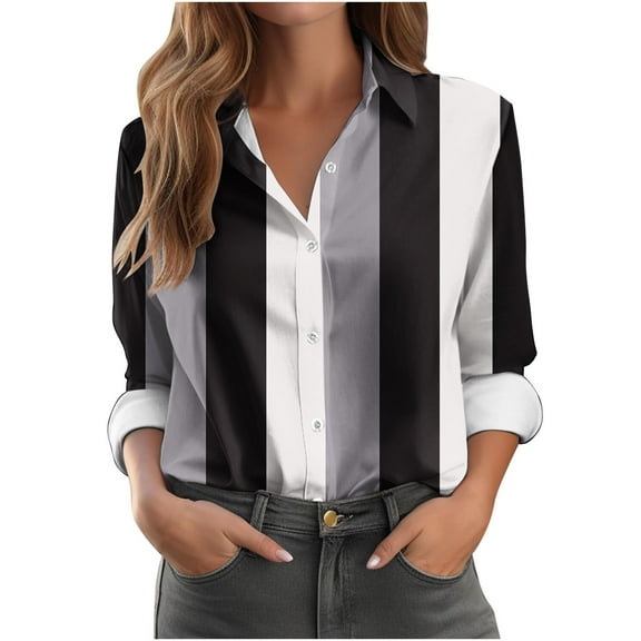DAFPZW Womens Button Down Casual Shirts Color Block Striped Blouse Tops Long Sleeve Collar Shirt Dressy Work Outfits Clothing