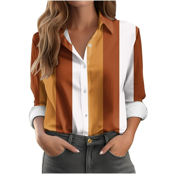 DAFPZW Womens Button Down Casual Shirts Color Block Striped Blouse Tops Long Sleeve Collar Shirt Dressy Work Outfits Clothing