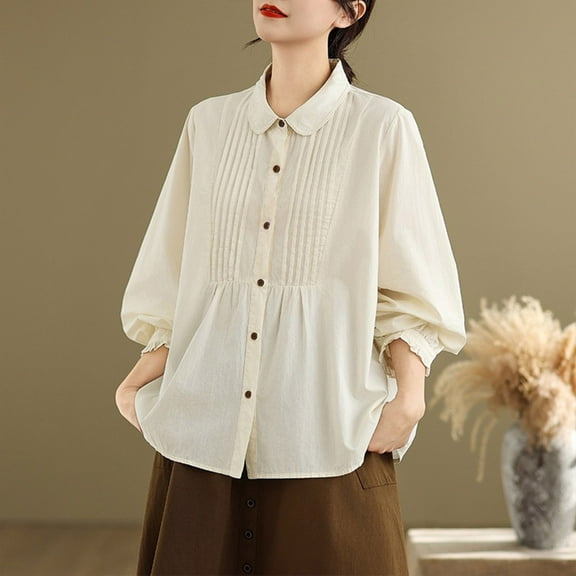 DAFPZW Womens Button Down Shirts Long Sleeve Lapel Collar Smocked Cuffed Solid Blouses Business Casual Summer Fall Tops
