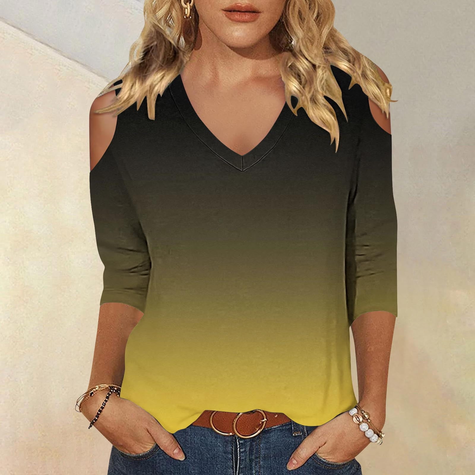 DAFPZW Womens Cold Shoulder Spring Summer Tops Gradient 3/4 Sleeve V ...