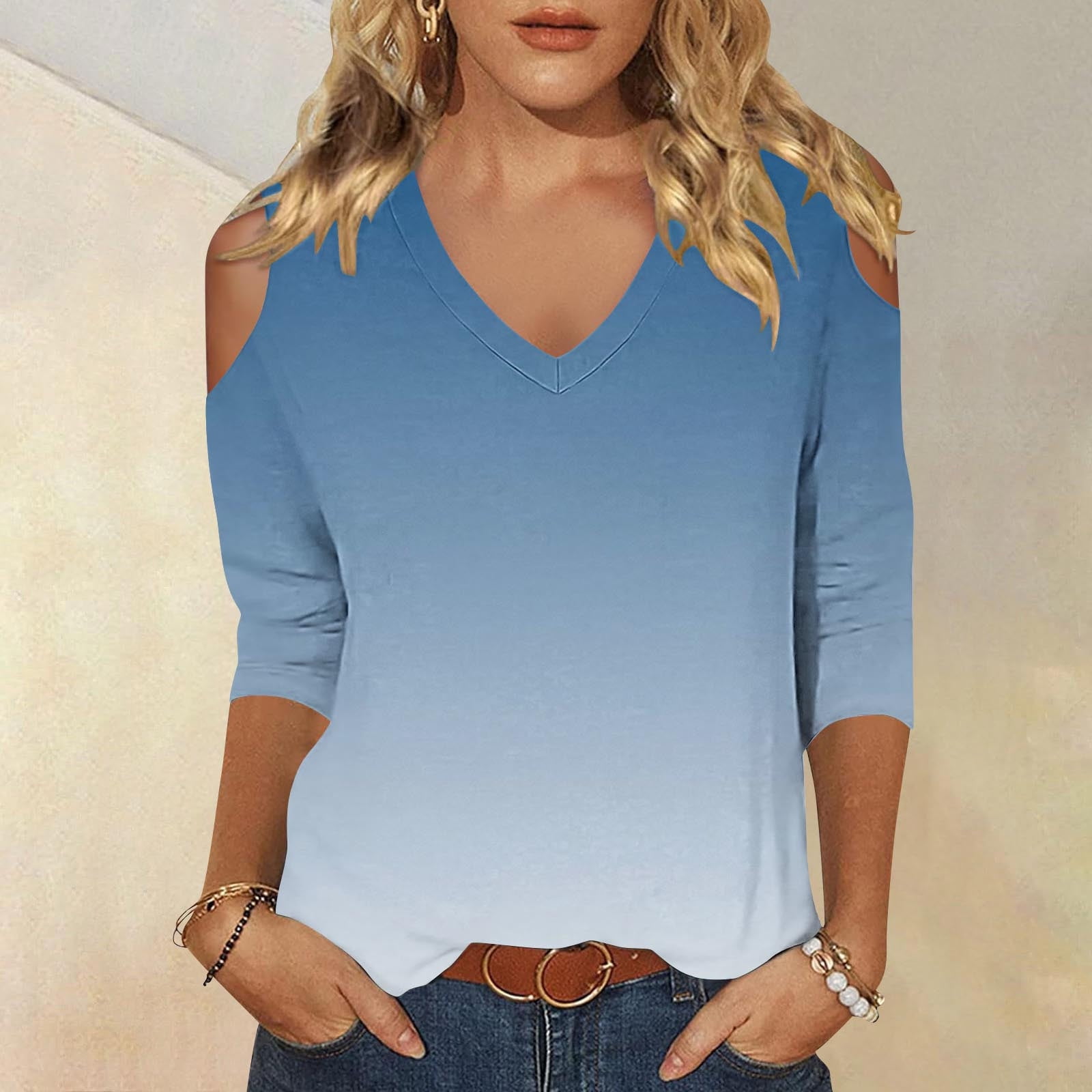 DAFPZW Womens Cold Shoulder Spring Summer Tops Gradient 3/4 Sleeve V ...
