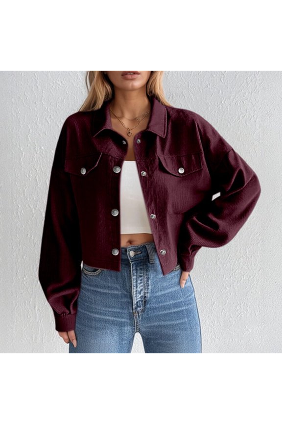 Womens Corduroy Jacket Fall Winter Trendy Cropped Jackets Button Down Shacket Long Sleeve Outerwear With Pockets