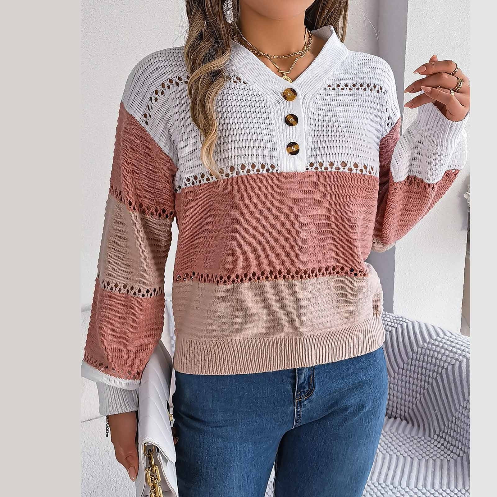 Women S Casual Button Striped Long Sleeve Pullover Sweater