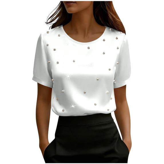 DAFPZW Womens Elegant Pearls Shirts Beaded Crew Neck Short Sleeve Blouse Solid Loose Fit Satin Slik Tops Summer Outfits