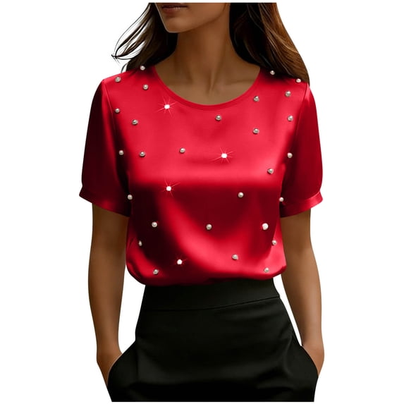 DAFPZW Womens Elegant Pearls Shirts Beaded Crew Neck Short Sleeve Blouse Solid Loose Fit Satin Slik Tops Summer Outfits