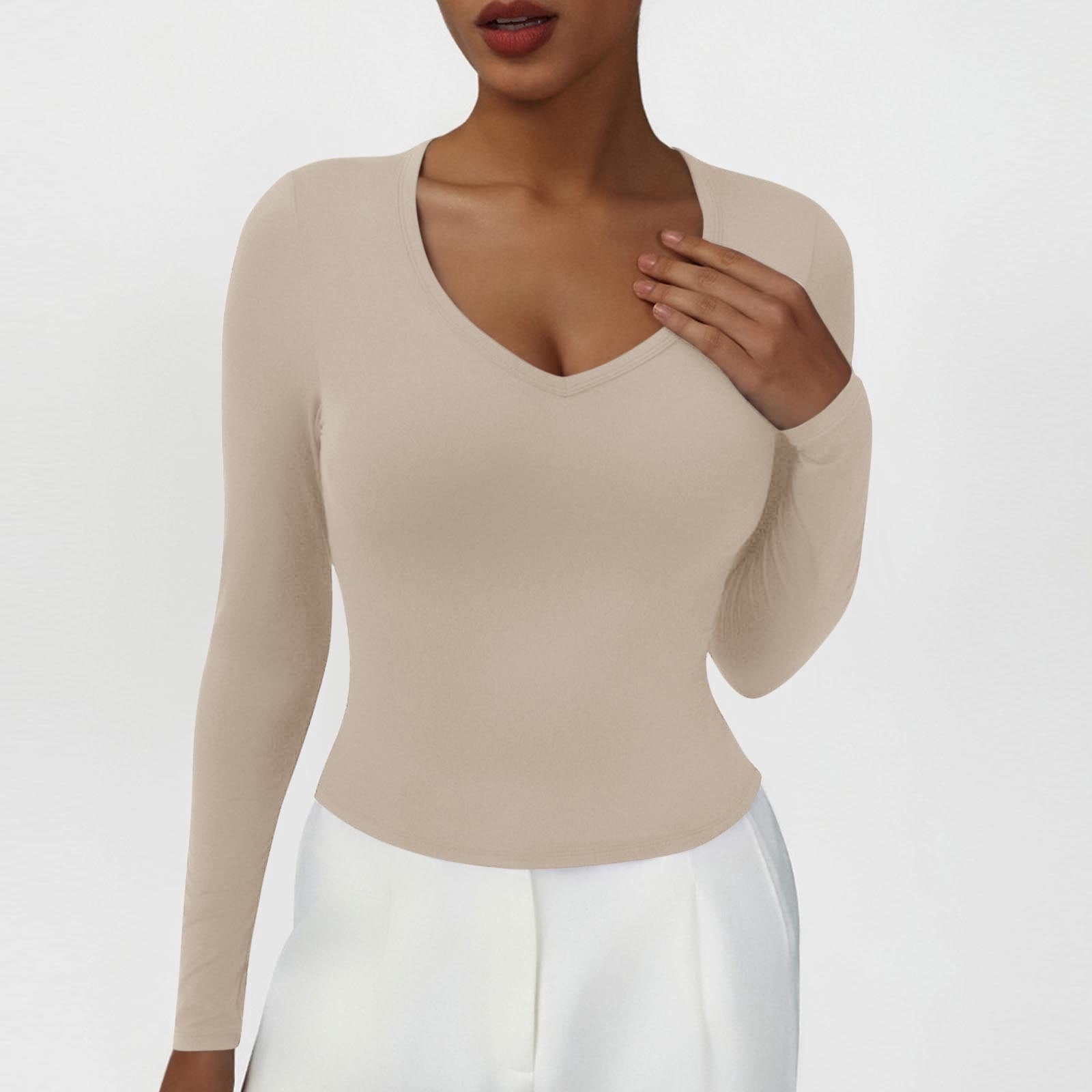 DAFPZW Womens Fall Deep V Neck Long Sleeve Shirts Modal Slim Fit Basic ...