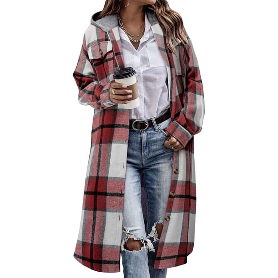 DAFPZW Womens Fall Flannel Plaid Hooded Jacket Button Down Long Sleeve Hoodie Coats Long Loose Shacket Maxi Sweatshirts