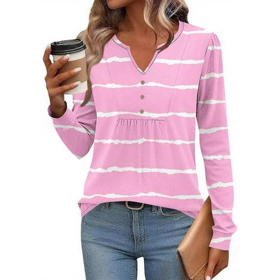 DAFPZW Womens Fall Long Sleeve Tops Casual V-Neck Pullover Blouses Trendy Striped Print Tunic Tops Color Block Blouse