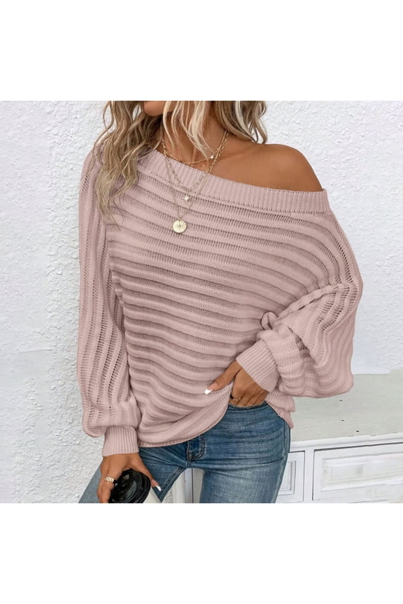 Womens Fall Sweaters Off The Shoulder Batwing Sleeve Textured Knit Tops Oversized One Shoulder Sweater