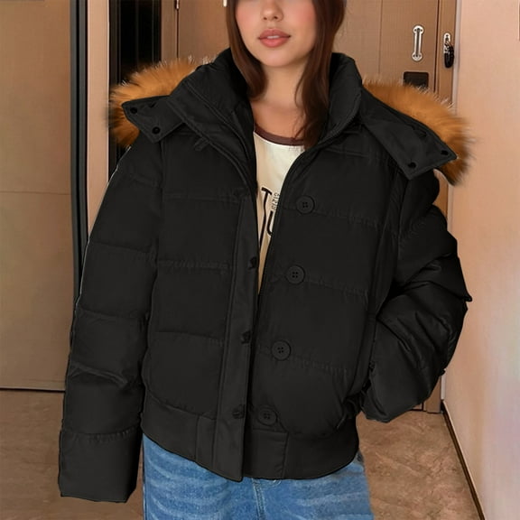 DAFPZW Womens Fashion Puffer Jacket with Faux Fur Trim Hood Winter Warm Thicken Bubble Coats Zip Up Stand Collar Outerwear