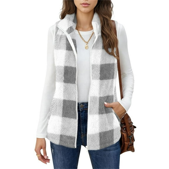 DAFPZW Womens Fleece Sherpa Vest Winter Sleeveless Fuzzy Fluffy Checkered Plaid Vest Zip Up Soft Jacket with Pockets