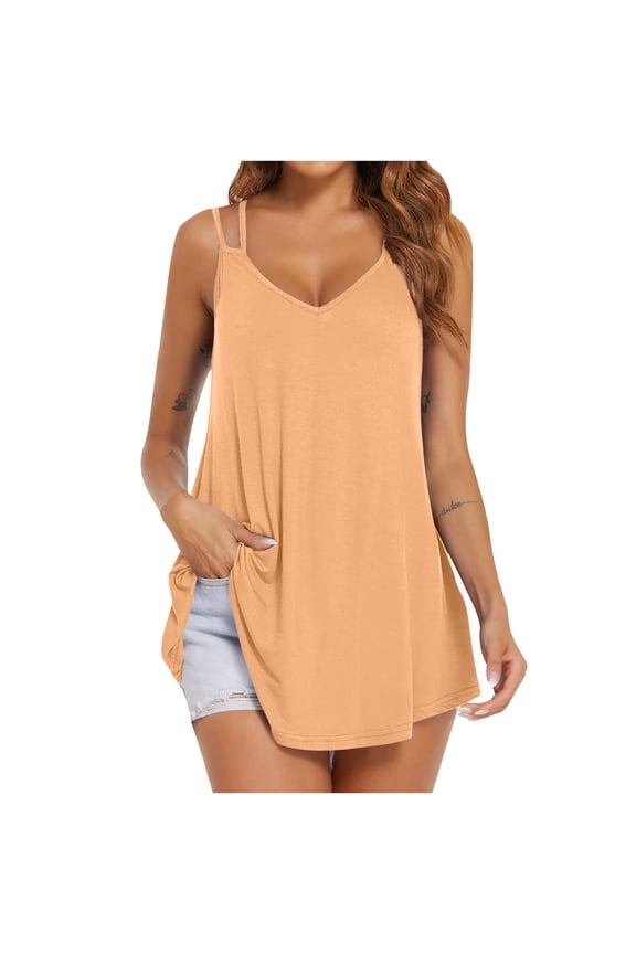 Womens Flowy Tank Tops Hide Belly Tunic Long Shirts Casual Sexy Tees Spaghetti Strap V-Neck Sleeveless Camisoles