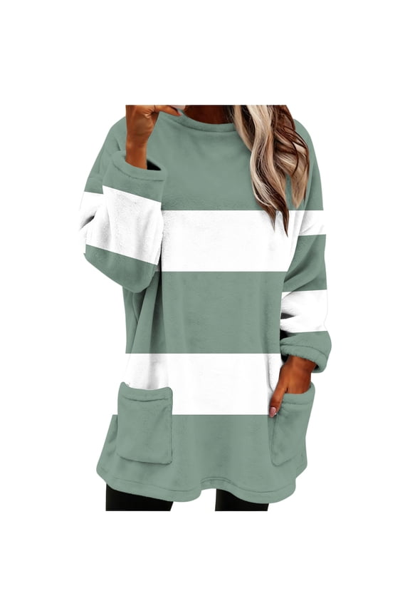 Womens Fuzzy Fleece Pullover Sherpa Sweatshirt Long Sleeve Stripes Fluffy Outerwear Warm Coats with Pockets