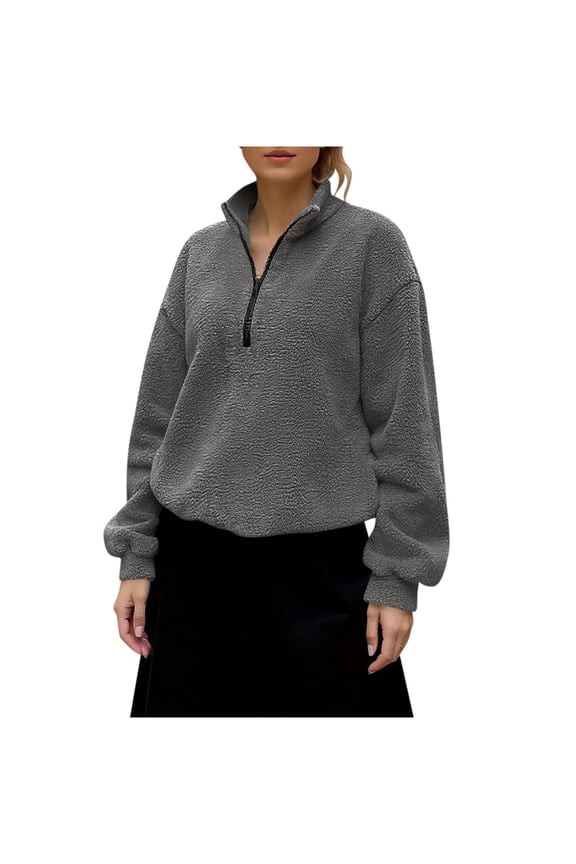 Womens Fuzzy Fleece Pullover Shirts Sherpa Sweatshirts Quarter Zip Casual Long Sleeve Stand Collar Tops