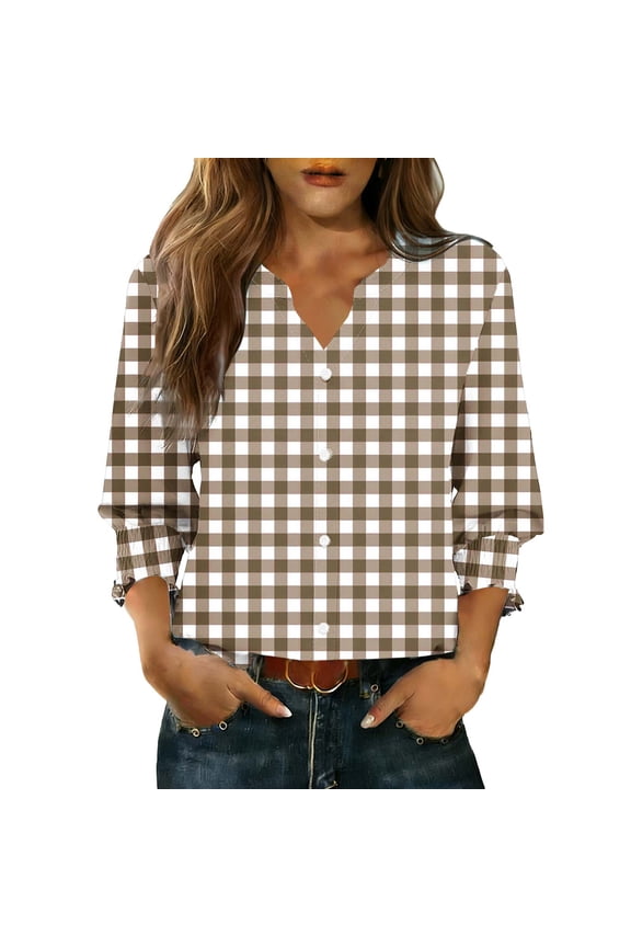 Womens Gingham Button Down Shirts Trendy V-Neck 3/4 Sleeve Plaid Tops Dressy Casual Smocked Cuffs Work Blouses