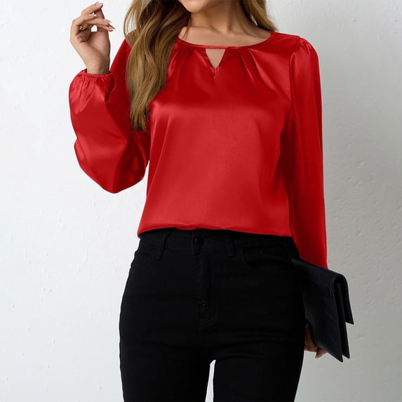DAFPZW Womens Keyhole Satin Silk Long Sleeve Shirts Pleated Business Tops Dressy Casual Fall Spring Outfits