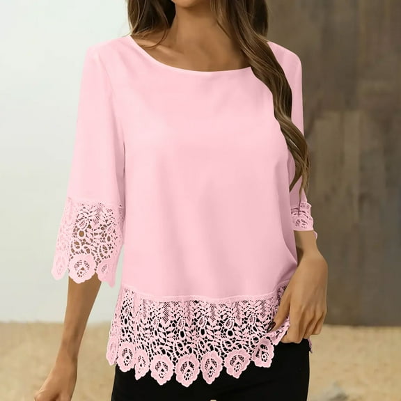 DAFPZW Womens Lace Hem 3/4 Sleeve Shirts Summer Trendy Patchwork Crew Neck Tops Dressy Casual Lightweight Blouses 2025