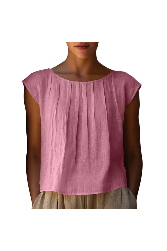 Womens Linen Crop Tops Summer Casual Shirts Loose Crewneck Top Cap Sleeve Pleated Cotton Linen Solid Color Shirts