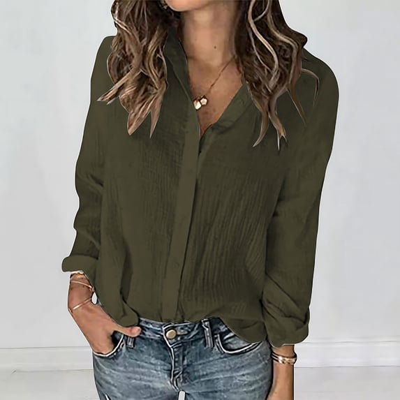 DAFPZW Womens Long Sleeve Shirts Button Down Cotton Linen Blouse Loose Fit Casual V-Neck Tops