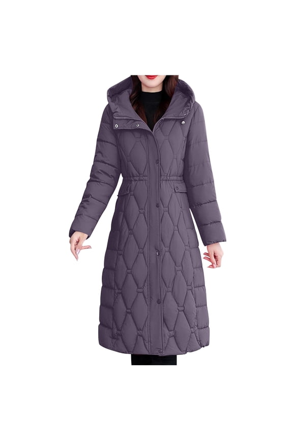 Womens Maxi Hooded Quilted Puffer Coat Winter Slim Full Zipper Warm Down Jacket Windproof Long Padded Outerwear