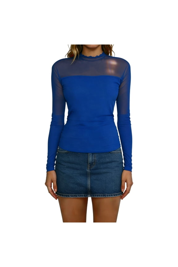 Womens Mesh Sheer Long Sleeve Tops Mock Turtle Neck See Though Shirts Ruched Sexy Casual Going Out Blouses