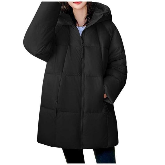 DAFPZW Womens Mid Length Hooded Puffer Coats Winter Windproof Warm Long Quilted Puffy Jacket Full Zipper Padded Down Outerwear