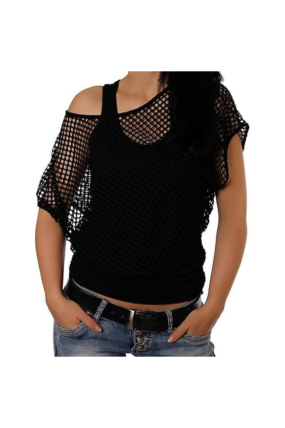 Womens Off Shoulder Tops Sexy Fishnet T-Shirt Short Sleeve 80s 90s Costume Neon Clothes