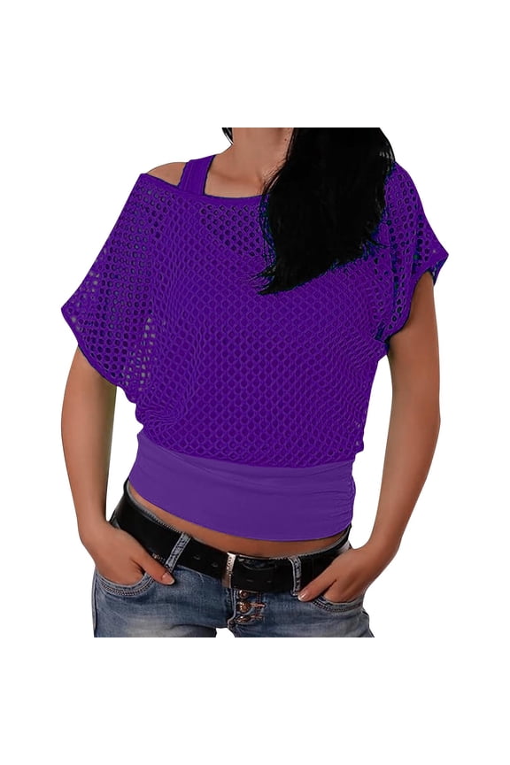 Womens Off Shoulder Tops Sexy Fishnet T-Shirt Short Sleeve 80s 90s Costume Neon Clothes