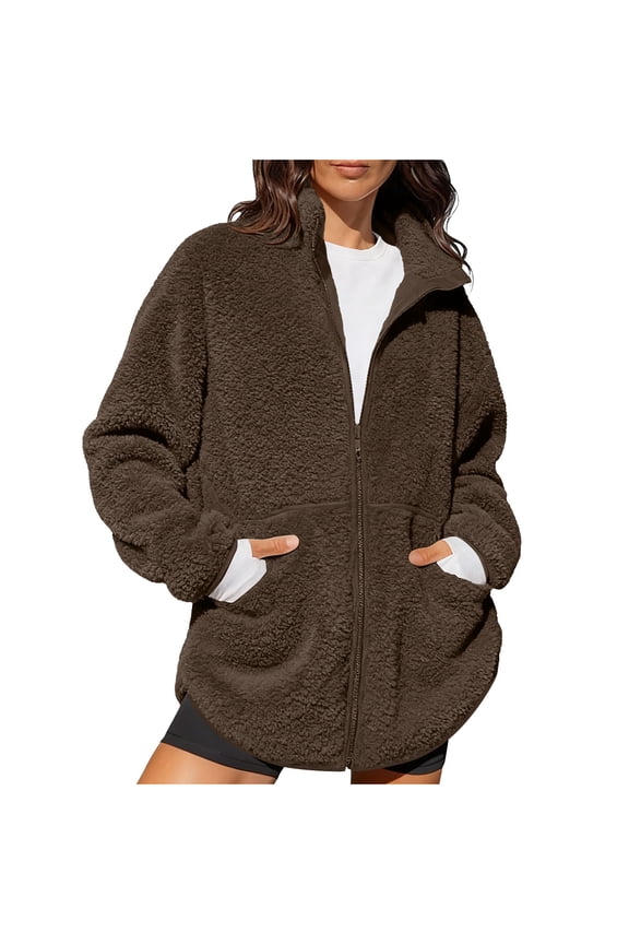 Womens Oversized Sherpa Jacket Fuzzy Fleece Zip Up Jacket Soft Cozy Sweaters Comfy Winter Jackets with Pockets