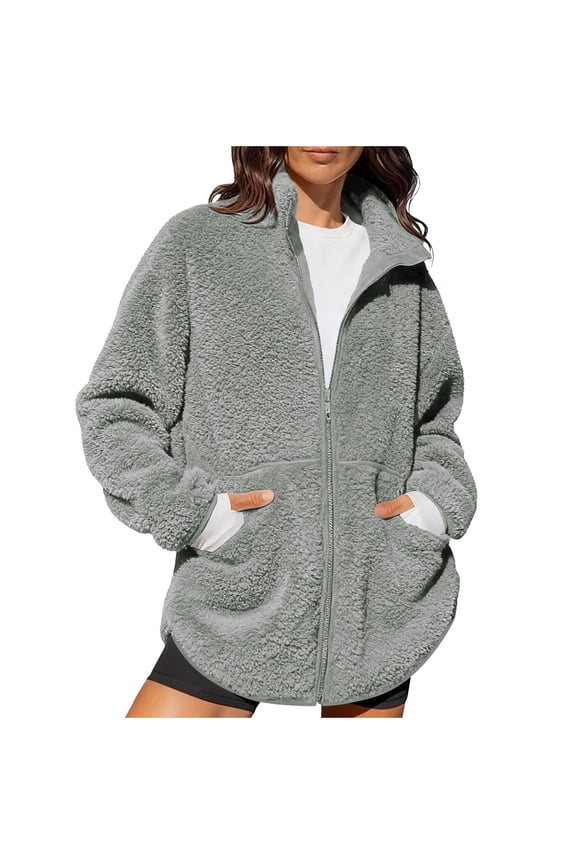 Womens Oversized Sherpa Jacket Fuzzy Fleece Zip Up Jacket Soft Cozy Sweaters Comfy Winter Jackets with Pockets