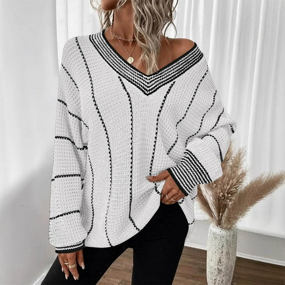 DAFPZW Womens Oversized Striped Tunic Sweaters Casual V-Neck Long Sleeve Color Block Knit Pullover Jumper Tops