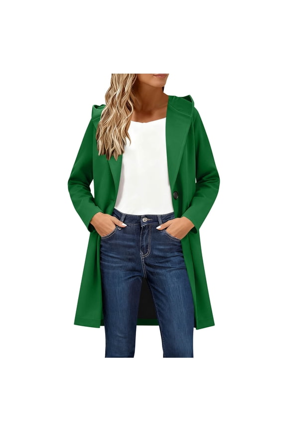 Womens Peacoat Winter Warm Long Sleeve Notch Lapel Mid Long Trench Coat Wool Blend Open Front Hooded Overcoat