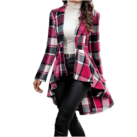 DAFPZW Womens Plaid Peplum Hem Shacket Jacket Button Open Front Lapel Long Sleeve Trench Coat Fall Winter Outfits