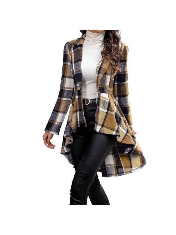 Womens Plaid Peplum Hem Shacket Jacket Button Open Front Lapel Long Sleeve Trench Coat Fall Winter Outfits