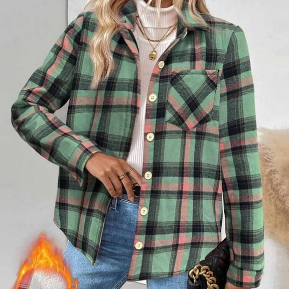 DAFPZW Womens Plaid Shacket Jacket Lapel Button Down Warm Fleece Lined Coats Causal Fashion Fall Winter Outwear with Pockets
