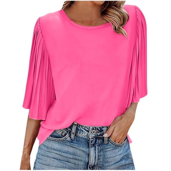 DAFPZW Womens Pleated Bell Sleeve Blouse Round Neck Loose Fit Tunic Dressy Work Office Cardigans Shirts Sweaters Tops