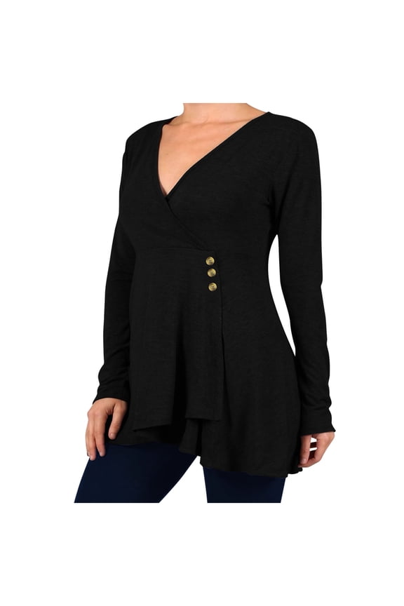 Womens Plus Size Tops Tunic Long Sleeve Button Wrap V Neck Shirts Empire Waist Tunic Tops