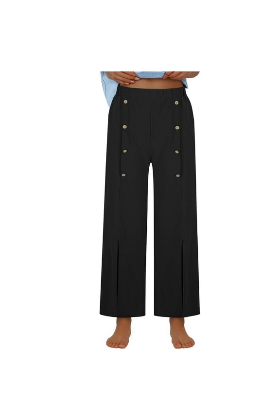 Womens Plus Size Wide Leg Dress Pants High Waisted Pleated Business Casual Trouser Office Work Button Decorate Pants