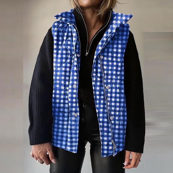 DAFPZW Womens Puffer Vest Sleeveless Casual Loose Winter Warm Lightweight Stand Collar Down Plaid Print Jacket Coats
