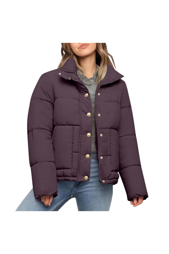 Womens Quilted Puffer Jacket Winter Warm Stand Collar Bubble Coats Padded Jacket Long Sleeve Coat Outerwear