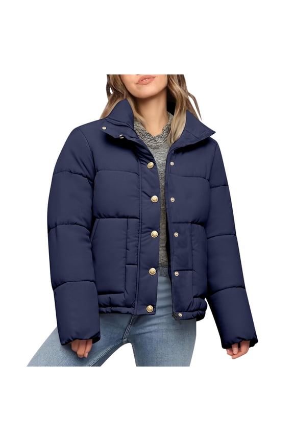 Womens Quilted Puffer Jacket Winter Warm Stand Collar Bubble Coats Padded Jacket Long Sleeve Coat Outerwear