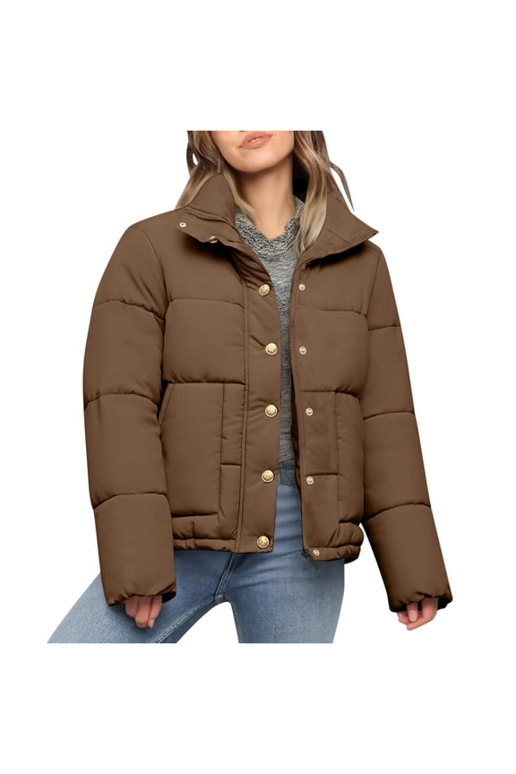 Womens Quilted Puffer Jacket Winter Warm Stand Collar Bubble Coats Padded Jacket Long Sleeve Coat Outerwear