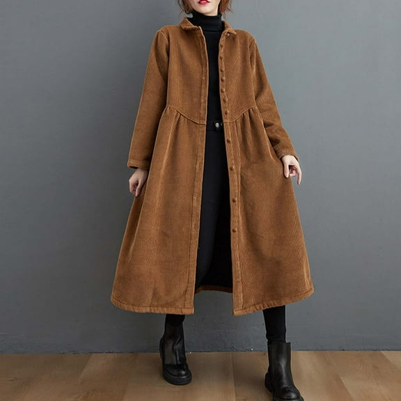 DAFPZW Womens Retro Classic Corduroy Jacket Button Down Lapel Neck Maxi Dress Fall Winter Casual Outerwear with Side Pockets