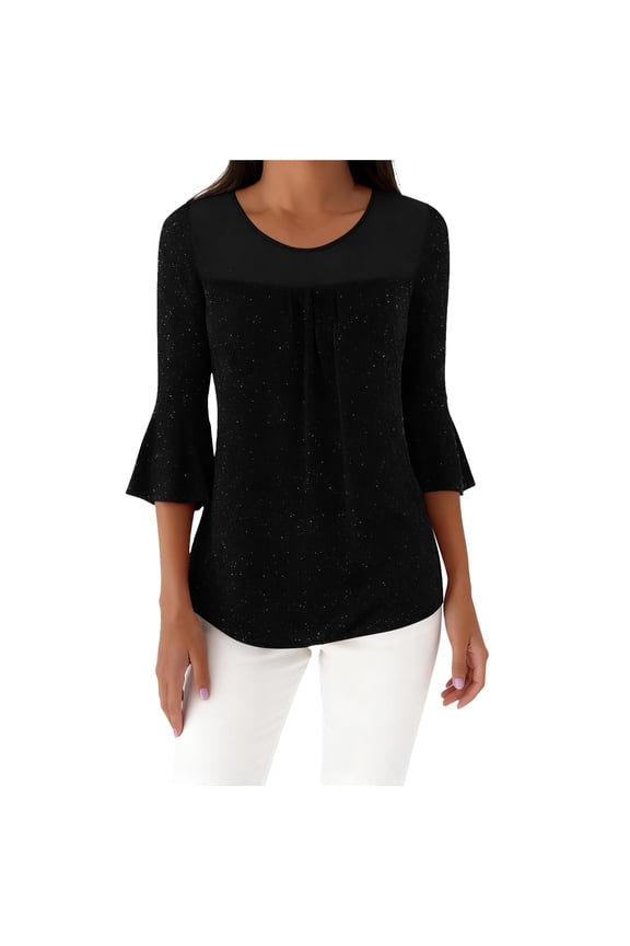 Womens Ruffle 3/4 Sleeve Tops Sparkly Elegant Dressy Blouses Sexy Double Layers Mesh Tunic Cute Tops