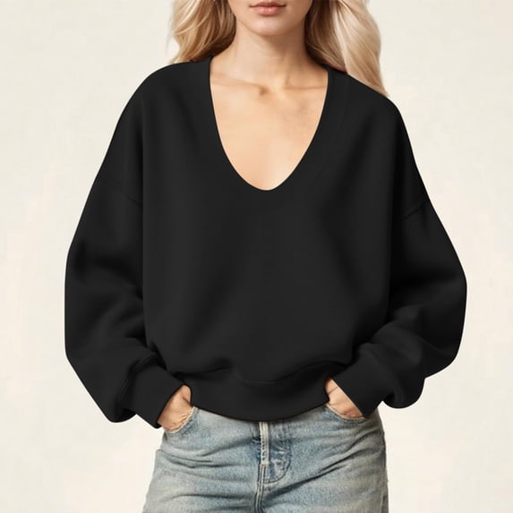 DAFPZW Womens Scoop Neck Sweatshirts Solid Color Long Sleeve Fleece Lined Sweatshirt Fall Casual Loose Fit Pullover Tops