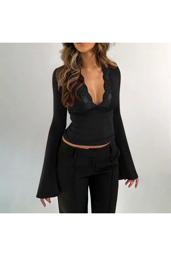 Womens Sexy Deep V Neck Lace Tops Fall Long Sleeve Shirts Y2K Cropped Top Low Cut Cute Top Aesthetic Streetwear