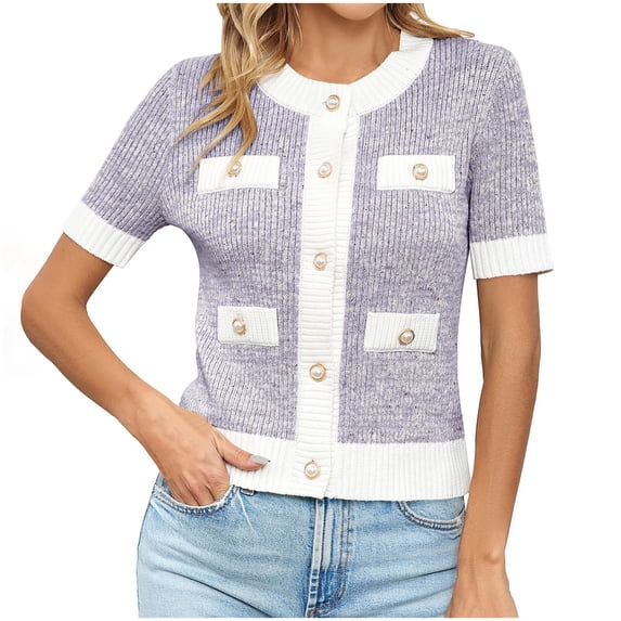 DAFPZW Womens Short Sleeve Button Down Cardigans Sweater Cropped Lightweight Crew Neck Elegant Knit Tops with Pockets